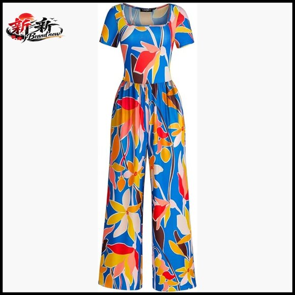 Short Sleeve Wide Leg Jumpsuit with Pockets Square Neck Pull On